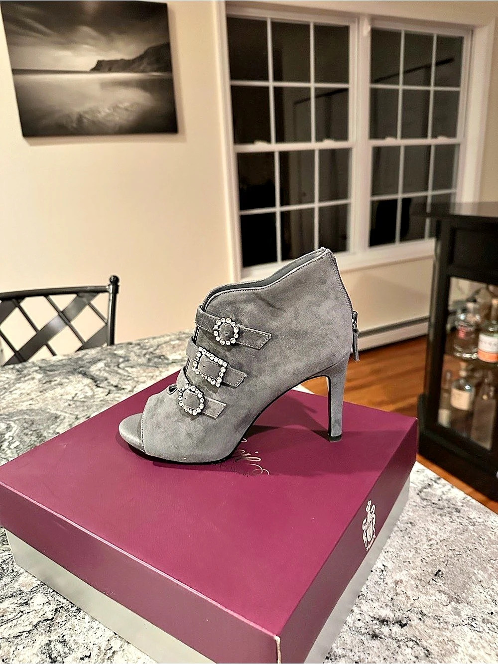 Badgley Mischka Gray Embellished Peep-Toe Heels